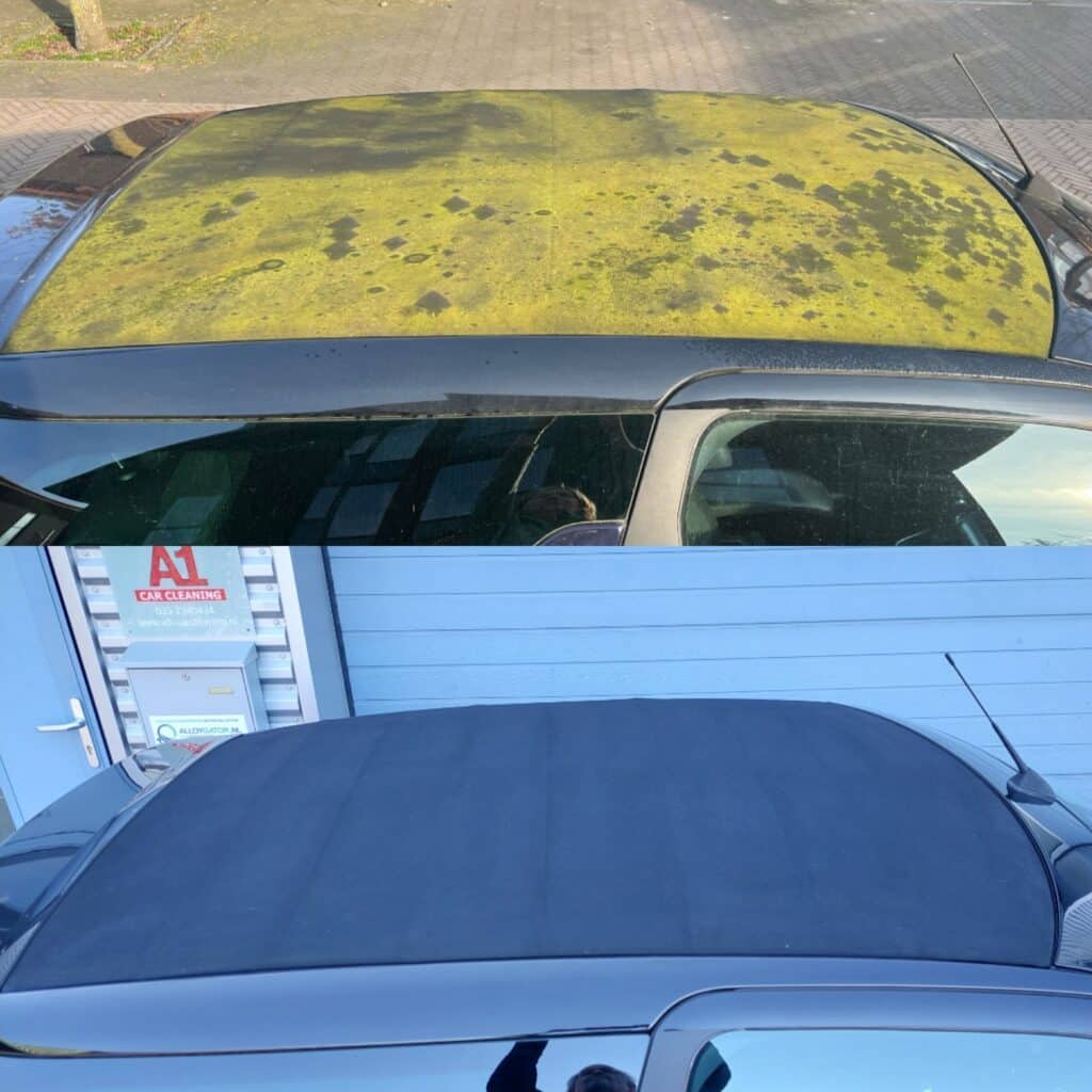 Blauw cabriodak voor en na reiniging