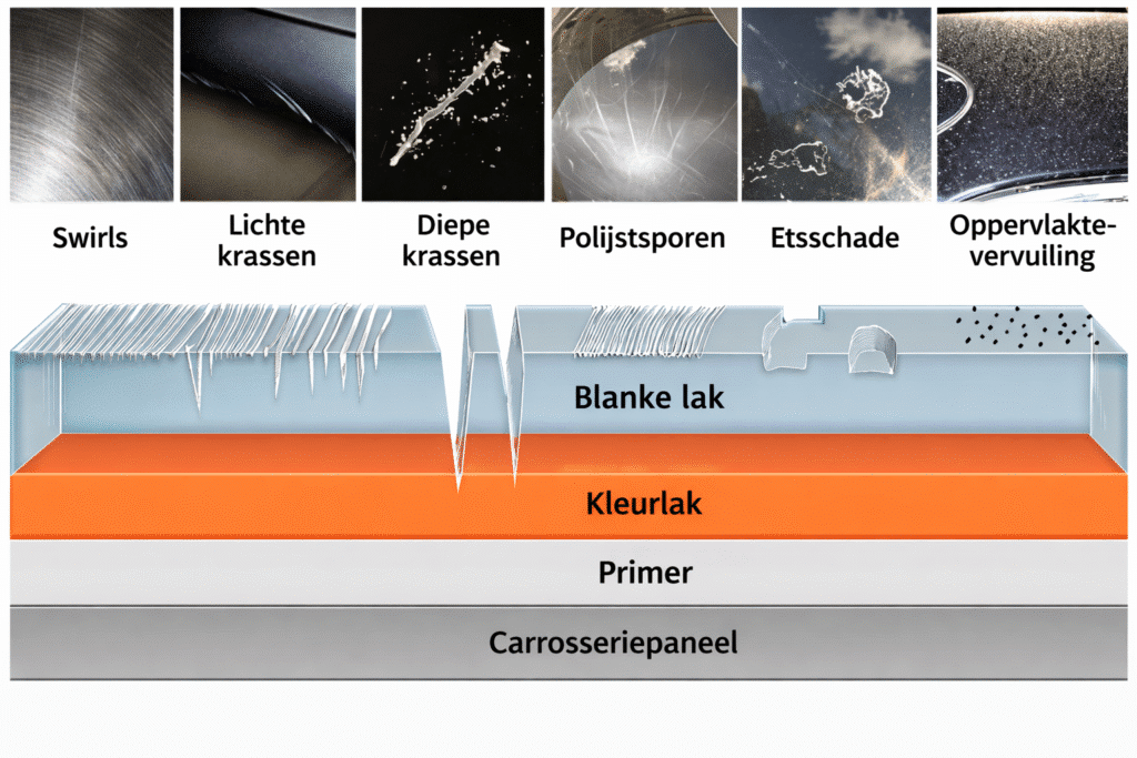 Veelvoorkomende lakdefecten zoals swirls, krassen, polijstsporen en etsschade