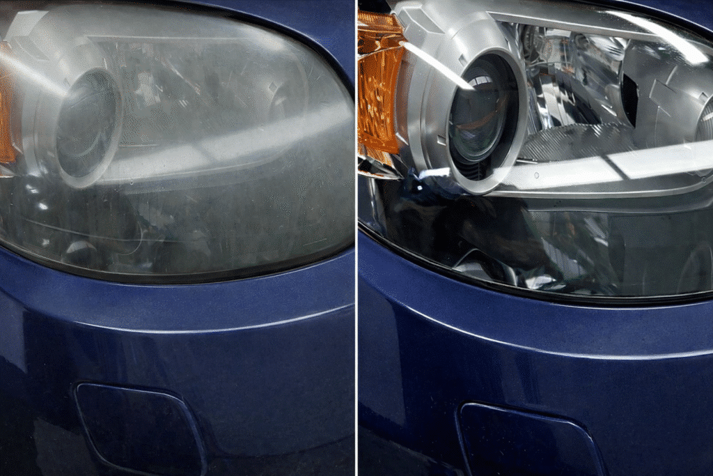 Voor en na resultaat van koplamp polijsten waarbij een doffe koplamp weer helder en transparant is gemaakt